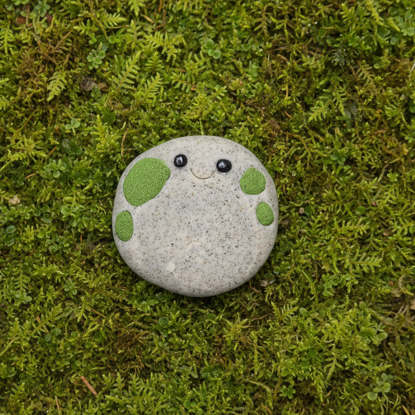 Round stone with green and black markings on a wooden surface